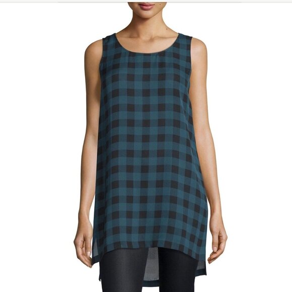 New w/Tags - Eileen Fisher Sleeveless Tunic in Buffalo Printed Silk, Fir, Med - Picture 2 of 14